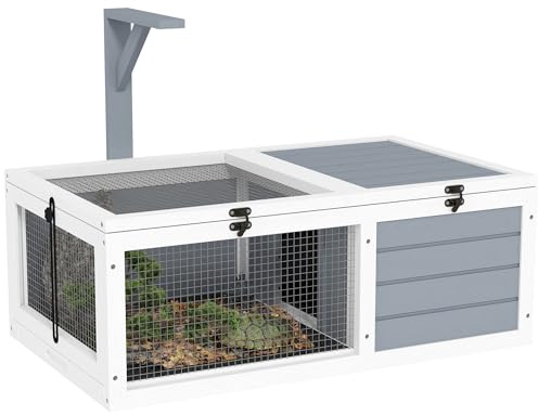PawHut Enclos Tortue, Maison Tortue terrestre intérieur en Bois avec Support de Lampe, 2 Plateaux coulissants, Cage pour Tortue de Terre, Lapins et Petits Animaux - dim. 81 x 48 x 31,5 cm, Gris Clair