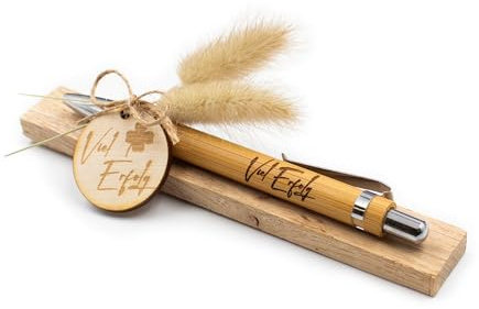 VmG-Store Holz Kugelschreiber als Geschenkidee zum Muttertag Mama Vatertag Geburtstag Papa Oma und Opa Arbeitskollege Freundin Freund (Ohne Wunschname, 15 Viel Erfolg Kleeblatt)
