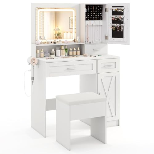 RELAX4LIFE Schminktisch mit Verstellbarer LED-Beleuchtung & Spiegel, Frisiertisch mit Schmuckaufbewahrung, Kosmetiktisch mit Hocker, Steckdosenleiste, Schubladen und verstellbaren Ablagen, Weiß
