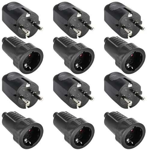 6 Paar Schuko Stecker Kupplung: 250V 16A IP54 Schutzkontakt Stecker, 2-Polig Gummistecker Kupplung Set mit Knickschutz, Aussen Wasserdicht Schukostecker Geeignet für Außenbereich, Schwarz