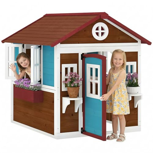 Outsunny Cabaña Infantil de Exterior, casita Infantil de Exterior, con Puerta, Ventanas y jardineras, cabaña de jardín para niños de 3 a 8 años, 114 x 126,4 x 135 cm, marrón