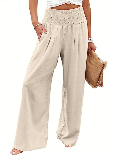 Cegerne Pantalones de Lino Ligero Casual Pierna Ancha Palazzo Casual Pantalones de Verano para Mujer, Beige, M