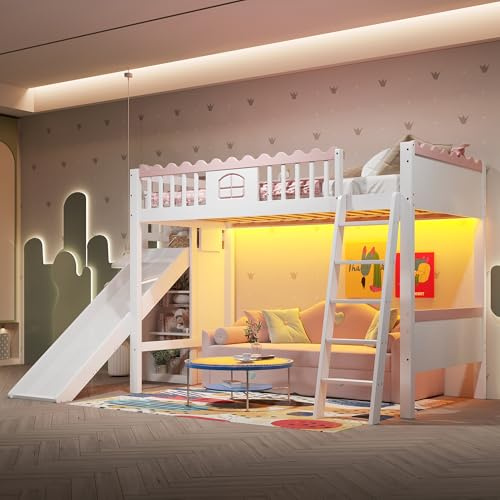 Lcoho Hochbett, Einzelbett, Kinderbett (Ohne Matratze) mit Regalen, mit Rutsche, EN747 Zertifiziert, Kiefernholz, 90x200cm, Weiß