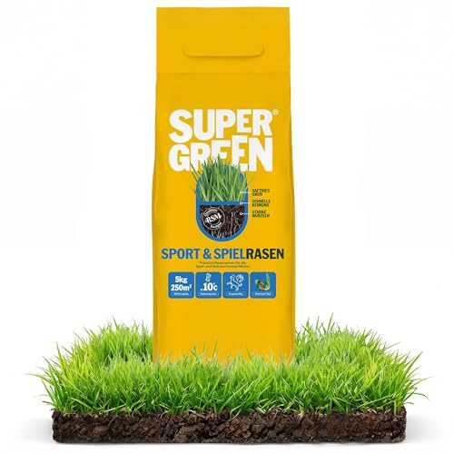 SUPERGREEN Sport- & Spielrasen Rasensamen | 5kg | Premium Saatgut für belastbare, dichte Rasenflächen | Strapazierfähig & regenerationsstark | RSM Qualität & Mantelsaat® Vital | Schnellkeimend