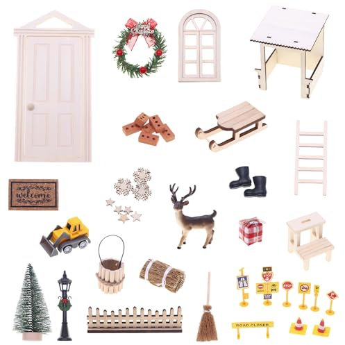42 Pièces Porte Lutin de Noël, Décoration de Noël Porte de Lutin, Miniature Maison Lutin Farceur de Noel Accessoires Decoration Noel avec Guirlande, Sapin de Noel, Clôture, Échelle, Tapis, Lanterne