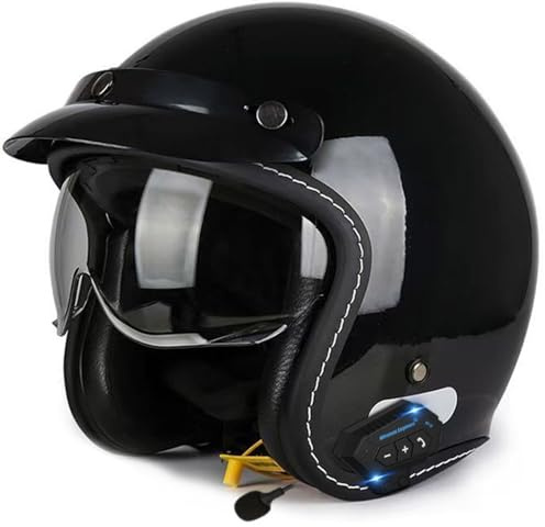 Motorrad Jet Helm mit Visier Vintage Motorrad Bluetooth Helm ECEDOT Zertifizierung Motorrad Offener Helm Für Erwachsene Männer Frauen Retro 3/4 Scooter Halbhelme Rollerhelm 9,L=59~60CM