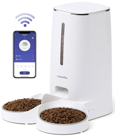 FUKUMARU Distributeur Croquettes Chat Automatique, 4L Distributeur Croquettes pour Chiens et Chats avec 2 Bols en Acier Inoxydable, 10 Repas par Jour et Contrôle de la Minuterie