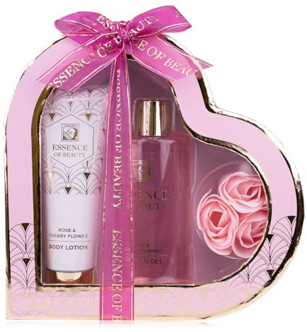 Accentra Set da bagno SALSA ESSENCE OF BEAUTY per donne, lozione, gel di doccia, rose da bagno, fragranza Rosa e Fiore di Ciliegio, confezione a forma di cuore, lusso per donne