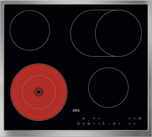 AEG Glaskeramik-Kochfeld Autark 60 cm, 4 Kochzonen, Aufliegend, Bräter- & Mehrkreiskochzone, Exakte 14 Stufen-Hitzeregulierung, UltraFlatrahmen Edelstahl, Timer, Kindersicherung, TN64RA06XB