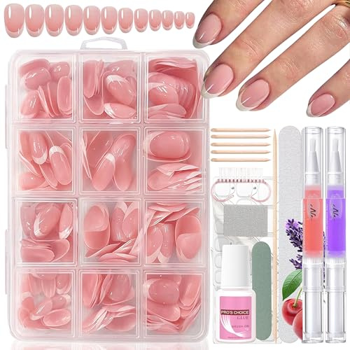 240 Stück Falsche Nägel Zum Aufkleben, Mandel Französisch Kurze Künstliche Fingernägel Kit mit 2 Pcs Nagelöl Stift - Full Cover Fake Nails softgel Natürliches & Angenehmes für Nail Art (Almond French)