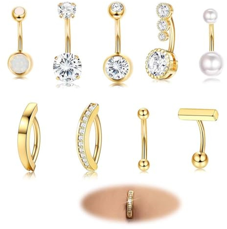 HABNI Piercing Ombligo 9 Piezas Dorado 14G Acero Quirúrgico Cz Perla Clicker 10Mm 12Mm Para Mujeres