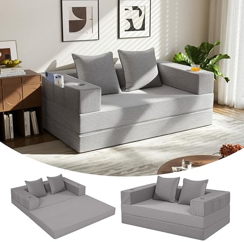 MeMoreCool Schlafsofa 4-in-1 mit Armlehnen, Klappbares Bodensofa, Hellgrau | Wandelbares Bodensofa mit Matratze und Schlaffunktion, ideal als Lounge Gästebett oder Sessel für Wohnzimmer und Schlafzimmer