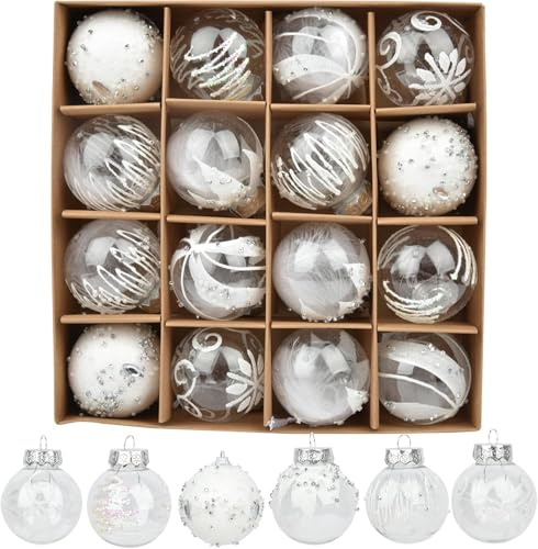 Bolas de Navidad blancas 16 unidades 6 cm bolas de Navidad bolas de Navidad transparentes para árbol de Navidad con colgador, decoración de Navidad, tema plateado y blanco