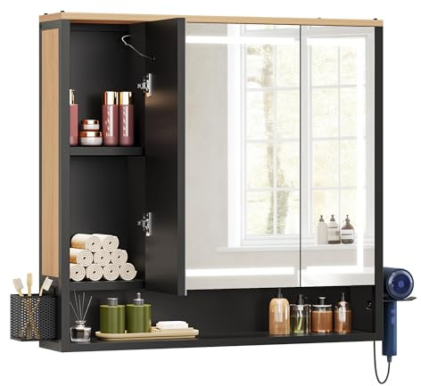 YITAHOME Spiegelschrank Bad LED 3 Türen Steckdose Wandschrank 80cm | LED-Licht für Make-up & Pflege, 2 Steckdosen + 2 USB für Föhn & Zahnbürste, 3 Spiegeltüren mit Stauraum