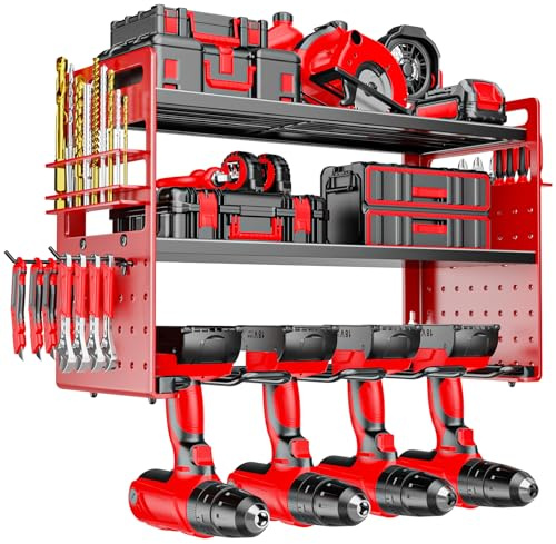 FaloStwer Modular Power Tool Organizer Wall Mount, Garage Drill Storage Shelf with Hooks, Heavy Duty Metal Premium Garage Tool Shelf, Gift for Man Cordless Tool Storage Rack (Red)