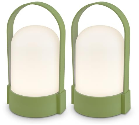 BRILONER - 2er-Set LED Tischlampen kabellos IP44 mit Touch, dimmbar in Stufen, Akku tauschbar, Nachttischlampe, LED Lampe, Campinglampe, Tischleuchte, Akku Lampe, Outdoor, 8,5x8x15,5 cm, Lindgrün