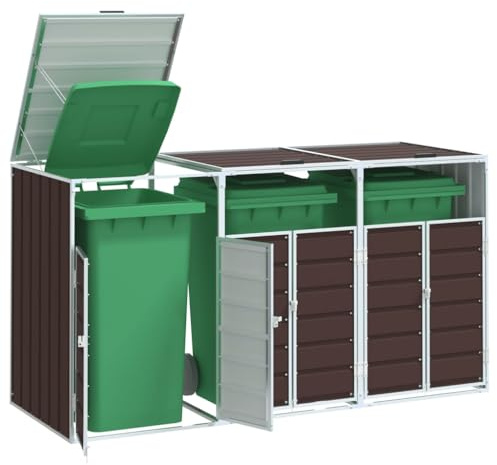 Mokuyary Cache-poubelles pour 3 poubelles, marron, 216 x 81 x 115 cm, en acier, abris pour poubelles, cache-poubelles, habillage de poubelles