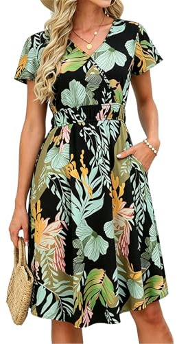 JayscreateEU Sommerkleid Damen Lang Midikleid Mit Taschen V-Ausschnitt Kurzarm Festliche Elegantes Kleid Tunikakleid A- Linien Kleid