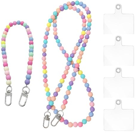 2 Stück Handykettes Perlen Bunt(Lang&Kurz), 4 Transparent Patch, Universal | Handyband zum Umhängen und Handgelenk, Anti-Verlust Anhänger, Handy Zubehör, Acrylperlen, für Damen Mädchen Kinder