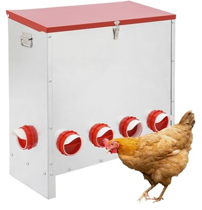 Comedero automático para pollos de metal galvanizado, dispensador de alimentos de 10 agujeros con capacidad de 30 kg, con tapa, asa de transporte, comedero profesional para pollos, patos, aves de