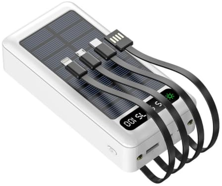 Power Bank da 50000 mAh con 4 cavi integrati, caricabatterie solare portatile da esterno con torcia a LED, per campeggio, viaggi, ricarica del telefono (bianco)