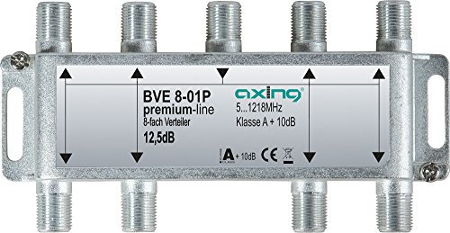 Axing BVE 8-01P 8-fach Verteiler Kabelfernsehen CATV Multimedia DVB-T2 Klasse A+, 10dB, 5-1218 MHz metall