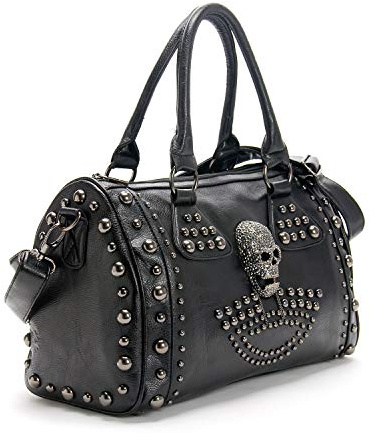AlwaySky Womens Schädel Handtasche Grosse Kapazität Gothic Umhängetasche Beschlagene Doktor Handtasche, Schwarz