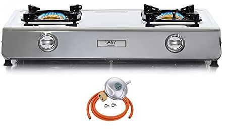 NJ NGB-200 Portable Gas Stove 2 Burner Portable Camping Hob 70cm Stainless Steel Wok 7.2kW (Butane 29mbar Screw-on)