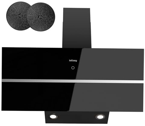 IsEasy Hotte Aspirante 90 cm, Hotte de Cuisine Inclinée, Forte Aspiration de 578 m³/h, Mode Évacuation ou Recyclage, 4 Vitesses, Fonction d'Arrêt Différé, Fonction Mémoire, 58 dB, Noir, A++