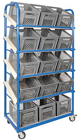 BRB Schrägboden-Regalwagen mit 5 Ebenen, bestückt mit 15 Euroboxen 400x300x225 mm durchbrochen grau, 4 Lenkrollen