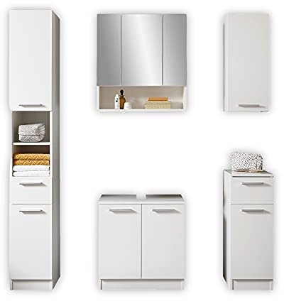 Stella Trading BOB Badezimmermöbel Set Weiß - Modernes Badmöbel Set 5-teilig bestehend aus Hochschrank, Hängeschrank, Unterschrank, Spiegelschrank & Kommode - 166 x 196 x 33 cm (B/H/T)