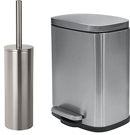 spirella Set de 2 accessoires pour salle de bain avec poubelle de salle de bain avec système d'abaissement automatique et brosse WC en acier inoxydable Argenté