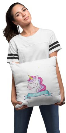 Sambosa Kinder Kissen Personalisiert mit niedlichem Einhorn Motiv und Wunschname - individuelle Geschenke Kissenbezug Kissenhülle Kind Geburtstag Junge Mädchen Geschenkidee