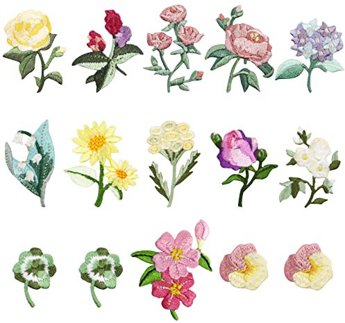 Modixun 15 x Mini-Blumen-Aufnäher, 13 Muster, dekorative bestickte Aufnäher, zum Aufnähen/Aufbügeln für Jeans, Kleidung, Hut, Jacke, Mini-Blumen, Weißen