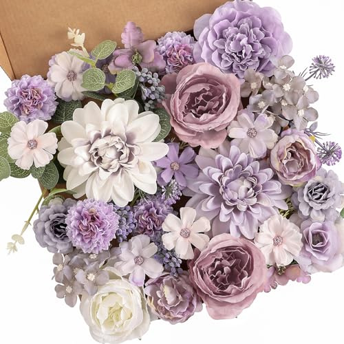 Garisey Künstliche Blumen Kombi-Box Set für DIY Hochzeit Blumenstrauß Arrangements Brautdusche Party Home Dekorationen (Weiß Lila Pfingstrose)