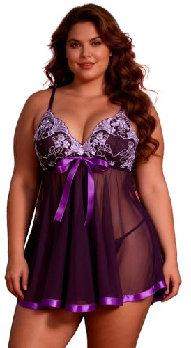 ohyeahlady Sexiga babydoll dam plus storlek babydoll elegant ärmlös pyjamas underkläder Camisone nattkläder och trosor, Violerad, 5XL