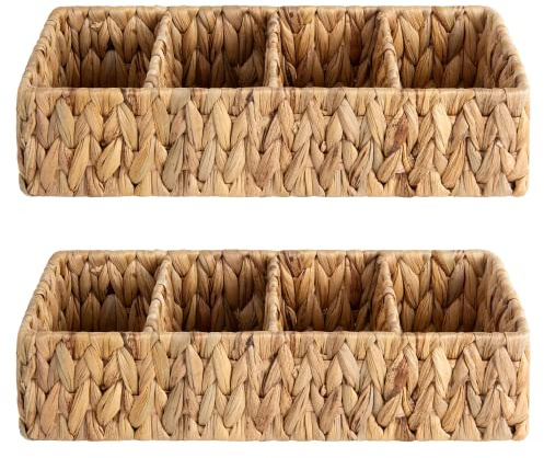 StorageWorks Small Wicker Basket for Organizing with 4-Section, Natural Water Hyacinth Storage Baskets with Dividers for Pantry Shelves, 2-Pack