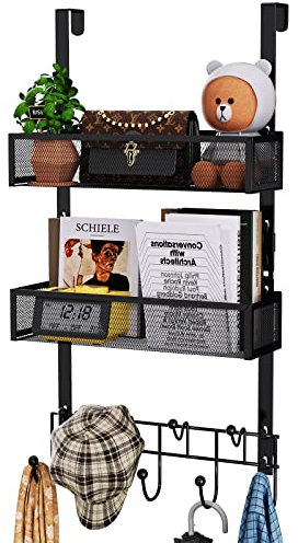 HapiRm Over Door Hanger With 9 Coat Hooks and 2 Baskets, Stainless Steel Rustproof & Waterproof Hook for Bathroom, Kitchen, Bedroom - Black (for 1.76in Doors)