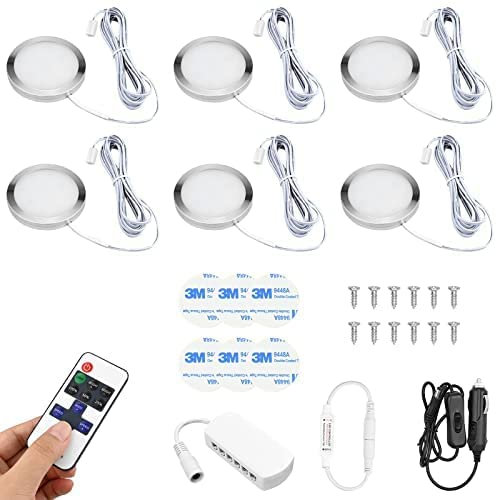 CECOMBINE 6Pcs Interior LED Spot Lights, 12V Roof Spot Universal Dimmable Positive White Lighting with Splitter Adapter & Wireless RF Remote for T4 T5 Camper Van Caravan Motorhome