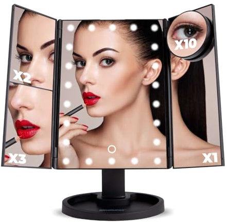 Espejo Maquillaje Con Luz Led | Con 22 Luces y Aumento x1 x2 x3 y x10 |Triple Pliegue y Pantalla Táctil | Con Batería O Cable Usb Incluido | Regalo Ideal Para Tocador Mujer y Hombre. Color Negro.