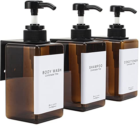 GOYISEE Dispenser di sapone per le mani in plastica,riutilizzabile,moderno,con pompa quadrata, per bagno o lavello della cucina,piani di lavoro,3 confezioni con etichetta impermeabile (3B3W-Amber)