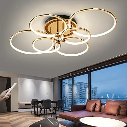 110cm Modern LED Deckenleuchte 144W 8900lm Dimmbar Deckenlampe 6-Ring Wohnzimmerlampe Gold Schlafzimmerlampe mit Fernbedienung Led Ringsform Beleuchtung für Wohnzimmer Schlafzimmer Küche Esszimmer