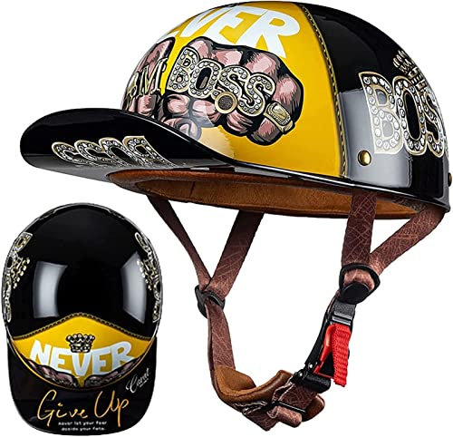 Vintage Demi Casque ECE Homologué Casque Jet Hommes Femme Casques Bols pour Toutes Les Saisons Casque De Moto Rétro Casque Semi Ouvert pour Scooter Cyclomoteur Cruiser 3,M