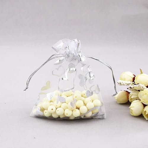 100 Stück Organzabeutel, 7*9cm Liebes-Herz Organzasäckchen Mini Schmuckbeutel Süßigkeiten Taschen Schmucksäckchen Geschenkbeutel mit Kordelzug für Hochzeit, Geburtstag, Weihnachten, Thanksgiving