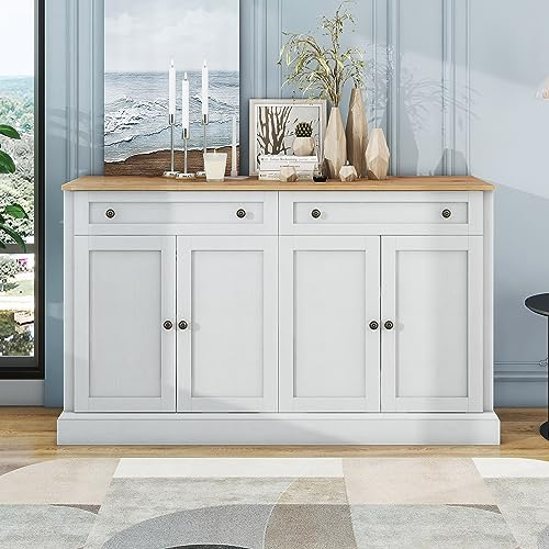 Merax Buffet Moderne avec 4 Portes et 2 tiroirs, Buffet pour Salle à Manger et Salon, 150 x 86 x 40 cm - Blanc Antique + Bois Naturel