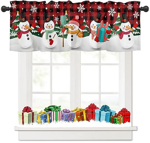 Tokusyou Weihnachten Scheibengardine Gardinen Deko Weihnachtsgardine Rot Vorhang Der Niedlich Schneemann Kariert Schneeflocken Muster Bistrogardinen für Küche Fenster B 137 × H 45 cm