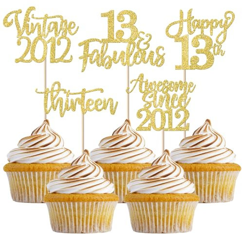 SYKYCTCY 30 Pack Vintage 2012 Cupcake Toppers Glitter Happy 13th Thirteen Awesome Since 2012 Cupcake Picks 13 Fabulous Cake Decorations for 13th Birthday Wedding Anniversary Party Supplies Gold