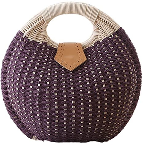 ASHSDI Strohtaschen Damen Frauen Rattan Handgewebte Runde Muschel Handtasche Top-Griff Tasche Sommer Weibliche Lässige Tote Clutch Strandtasche Sommer Strohsack Strandtasche (Color : E)