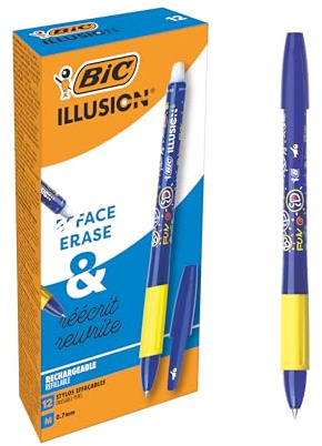 BIC Illusion Radierbare und nachfüllbare Kugelschreiber, mittlere Spitze (0,7 mm), blaue Tinte, 12 Stück