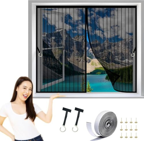 Fliegengitter für Balkontür 104 x 138 cm Insektenschutz Rollo Selbstklebend Stärkere Magnetkraft Automatisches Schließen für Alle Tür- Und Fenstergrößen, Schwarz